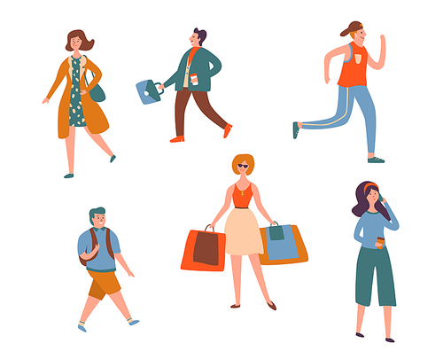 Various People Character Walk Isolated Set. Urban Person Jogging, Talking Smartphone and Shopping. Casual Worker Holding Suitcase. Adult Businessman Collection Flat Cartoon Vector Illustration
