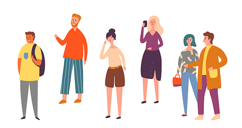Various People Character Pose Isolated Set. Urban Person Crowd Talking Smartphone. Casual Worker Standing Alone. Adult Stylish Woman Outdoor Collection Flat Cartoon Vector Illustration
