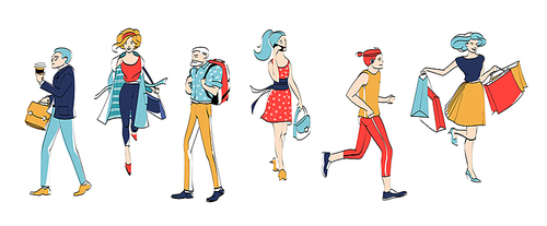 Various Man Woman Character Walk Isolated Set. Urban People Run, Talk Smartphone and Shopping. Casual Businessman Holding Coffee. Adult Female Group Collection Flat Cartoon Vector Illustration