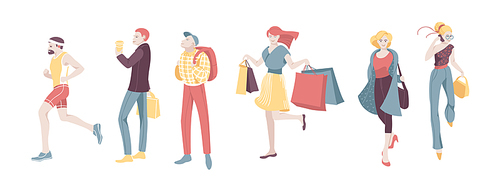 Various Urban People Character Walking Isolated Set. Guy Run, Woman Talk Smartphone and Shopping. Casual Businessman Holding Suitcase. Happy Female Collection Flat Cartoon Vector Illustration