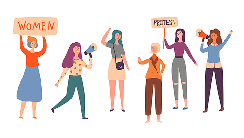 Women Feminism Character Group Protest Strike. Girl Holding Feminist Rights Placard on Democracy Demonstration. Female Political Organization Concept Flat Cartoon Vector Illustration
