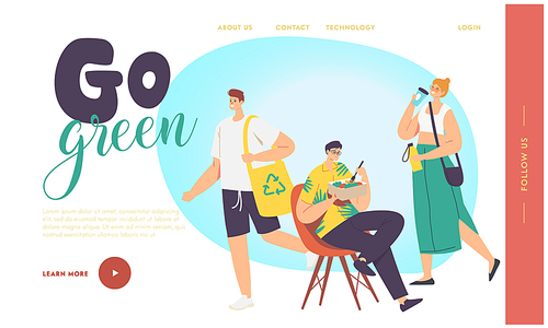 Go Green, Zero Waste Landing Page Template. People Visit Shop with Reusable Eco Bags and Pack. Characters Use Ecological Recycling Packing for Food, Environment Protection. Cartoon Vector Illustration