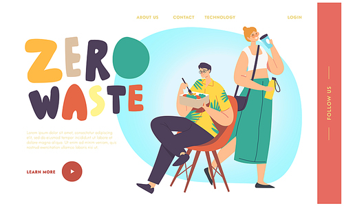 Character Drinking Coffee, Eating Food Use Zero Waste Recycling Package Landing Page Template. Fight with Ecological Contamination, Planet Environment Protection. Cartoon People Vector Illustration