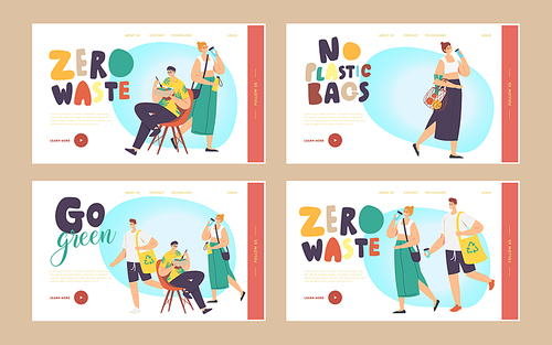 Go Green, Zero Waste Landing Page Template Set. People Visit Shop with Reusable Eco Bags. Characters Use Ecological Recycling Packing for Food, Environment Protection. Cartoon Vector Illustration