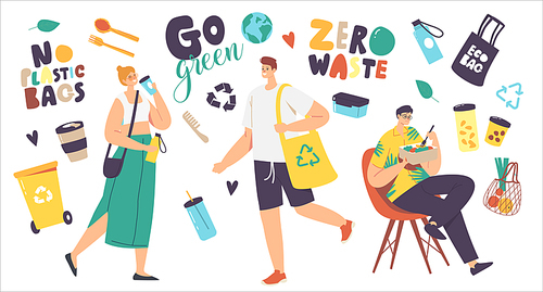 Zero Waste Concept. People Visit Shop with Reusable Eco Bags and Packages. Characters Use Ecological Recycling Packing for Shopping in Store. Environment Protection. Cartoon Vector Illustration