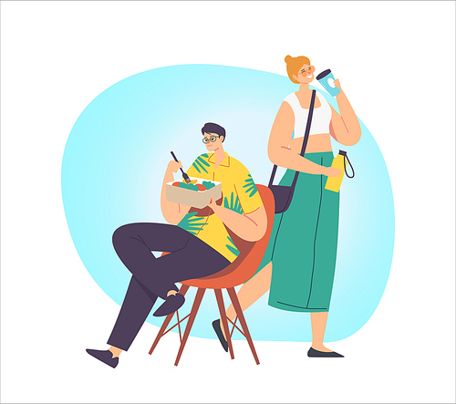 Male and Female Character Drinking Coffee, Eating Food Use Zero Waste Recycling Package. Fight with Ecological Contamination, Planet Environment Protection Concept. Cartoon People Vector Illustration