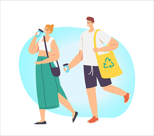 Couple of Adult Man and Woman Characters Drink Coffee and Carry Products in Paper Eco Friendly Bag. Bio Degradable Package, Zero Waste Natural Packing, Ecologically Safety. Cartoon Vector Illustration
