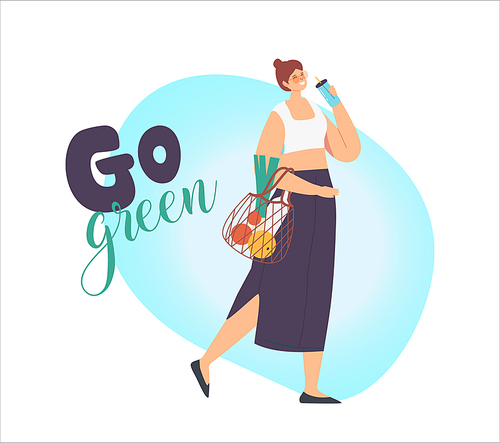 Woman Character Carry Products in String Eco Friendly Bag and Drink Coffee of Reusable Cup. Bio Degradable Package, Natural Ecological Zero Waste Container for Food. Cartoon Vector Illustration