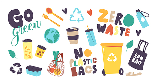 Set of Icons Zero Waste, No Plastic Theme. Recycling Litter Bin, Bamboo or Wooden Utensils, Eco Bag and Earth Globe with Reusable Water Bottle, Go Green Typography. Cartoon Vector Illustration
