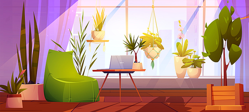 Office or home workplace with laptop on table, chair and green plants. Vector cartoon illustration of empty lounge interior with comfort place for remote work or freelance and houseplants in pots