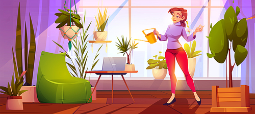 Young woman watering plants at home garden, office, house or apartment room with working place, laptop, armchair at wide window with cityscape view. Girl caring for flowers Cartoon vector illustration