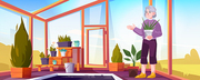 Senior woman in greenhouse care of garden plants. Old lady with pot in orangery interior with glass walls and windows, place for growing herbs and flowers, inner view Cartoon vector illustration