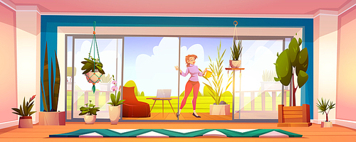 Young woman watering plants at home garden on wooden outdoor terrace. Girl care of flowers on house veranda with working place, laptop, armchair at wide window and lawn, Cartoon vector illustration