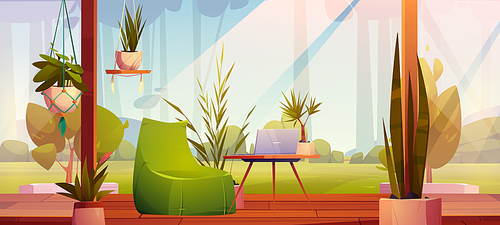 Wooden terrace with home plants, workplace with laptop and forest view. Cozy outdoor patio with scenery nature landscape background with trees. Villa or hotel relaxing area Cartoon vector illustration