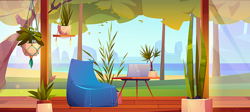 Wooden terrace with sea view. Home, villa or hotel area with laptop on table, armchair and potted plants on wood patio with scenery nature seascape, summer background, Cartoon vector illustration