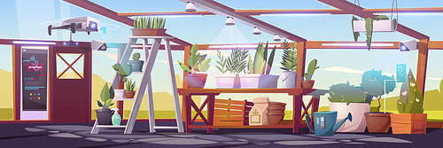 Smart greenhouse, futuristic technologies in farming. Digital devices for automatically controlled plants growing or watering, robotic agricultural automation, hydroponics, Cartoon vector illustration