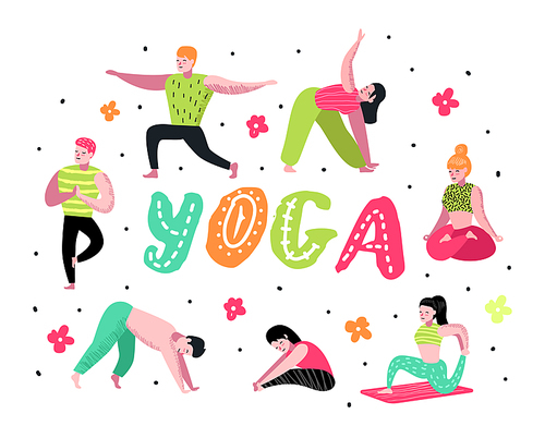 Cartoon People Practicing Yoga. Man and Woman Stretching, Training. Fitness Workout, Healthy Lifestyle. Vector illustration