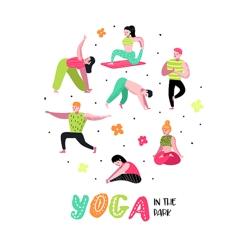 Cartoon People Practicing Yoga. Man and Woman Stretching, Training. Fitness Workout, Healthy Lifestyle. Vector illustration