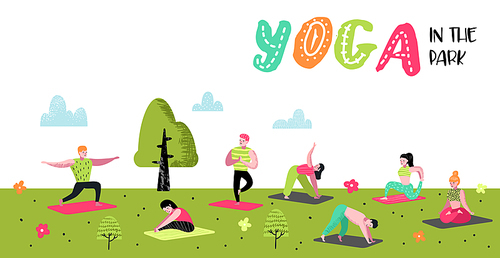 Cartoon People Practicing Yoga Poster, Banner. Man and Woman Stretching, Training. Fitness Workout, Healthy Lifestyle. Vector illustration