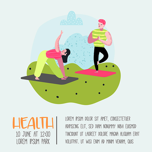 Cartoon People Practicing Yoga Poster, Banner. Man and Woman Stretching, Training. Fitness Workout, Healthy Lifestyle. Vector illustration