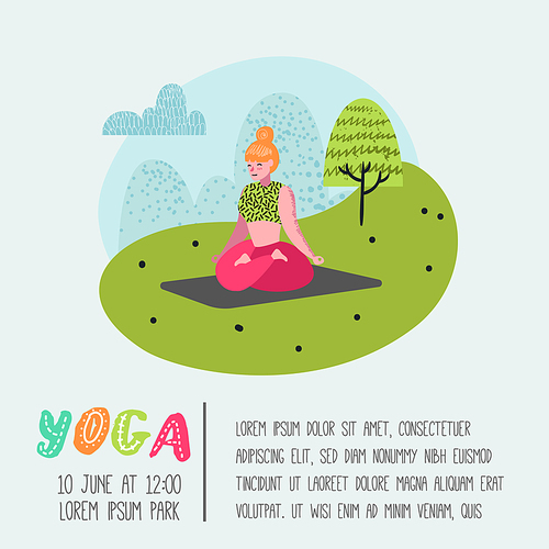 Cartoon People Practicing Yoga Poster, Banner. Woman Stretching, Training. Fitness Workout, Healthy Lifestyle. Vector illustration