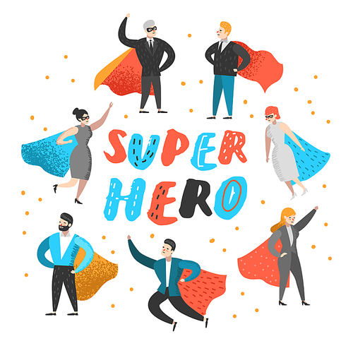 Superhero Business People Characters. Business Leadership, Success, Motivation Concept. Man and Woman Wearing a Red Cloak. Vector illustration