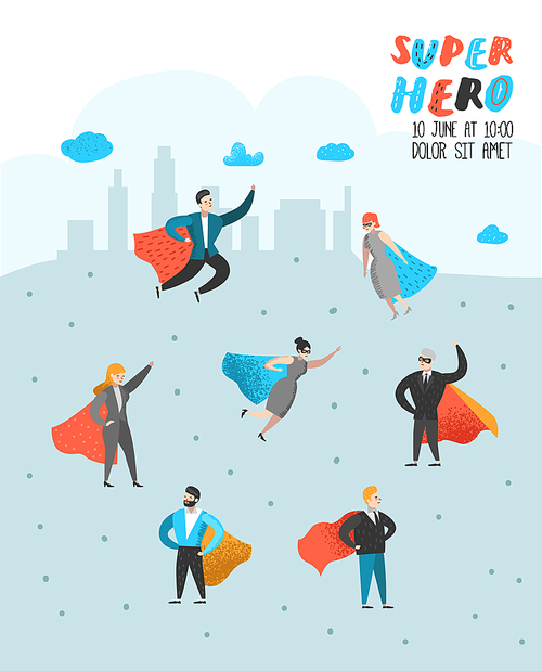 Superhero Business People Characters Poster, Banner. Business Leadership, Success, Motivation Concept. Man and Woman Wearing a Red Cloak. Vector illustration