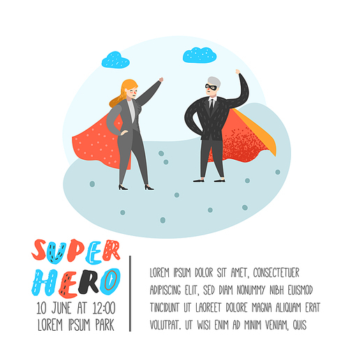 Superhero Business People Characters Poster, Banner. Business Leadership, Success, Motivation Concept. Man and Woman Wearing a Red Cloak. Vector illustration