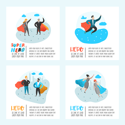 Superhero Business People Characters Poster, Banner. Business Leadership, Success, Motivation Concept. Man and Woman Wearing a Red Cloak. Vector illustration