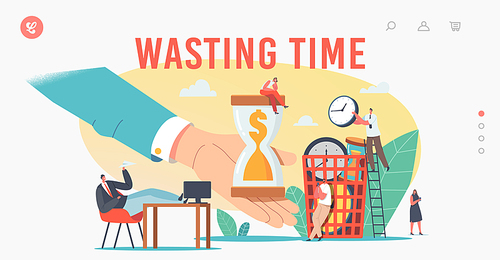 Characters Wasting Time, Procrastination Landing Page Template. Procrastinating Businesspeople, Employee Sit at Workplace with Legs on Office Desk Postponing Work. Cartoon People Vector Illustration