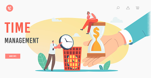 Time Management Landing Page Template. Tiny Businesswoman Character Sitting on Huge Hourglass with Dollar inside, Man Throw Out Clock in Litter Bin, Money Wasting. Cartoon People Vector Illustration