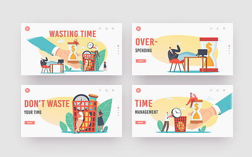 Characters Wasting Time, Procrastination Landing Page Template Set. Procrastinating Businesspeople, Employee Sit at Workplace with Legs on Desk Postponing Work. Cartoon People Vector Illustration