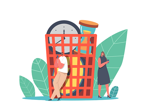 Tiny Business Characters Idle at Huge Basket with Alarm Clocks Wasting Time and Money, Businesspeople , Time Management, Work Procrastination at Workplace. Cartoon People Vector Illustration