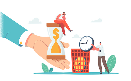 Tiny Businesswoman Character Sitting on Huge Hourglass with Dollar inside, Man Throw Out Clock in Litter Bin. Time and Money Wasting in Business, Procrastination. Cartoon People Vector Illustration