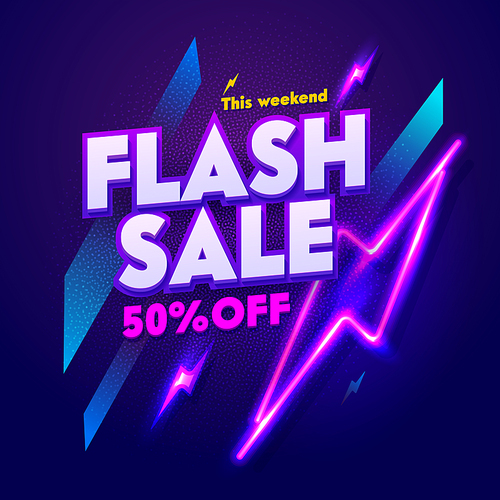 Flash Sale Neon Night Banner Sign. Discount Advertising Glow Electric Bar Billboard. 3d Glossy Square Laser Effect Retro Poster Signboard. Dark Flyer Purple Layout Vector Illustration