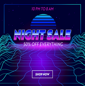 Night Sale Advertising Banner with Typography on Synthwave Neon Grid Futuristic Background. Branding Template Design for Shopping Discount. Social Media Content Decoration, Promo. Vector Illustration