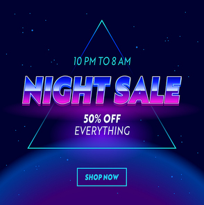 Night Sale Advertising Banner with Typography on Neon Space with Stars Cyberpunk Futuristic Background. Shopping Discount Template Design for Social Media, Retrowave Vintage Promo Vector Illustration
