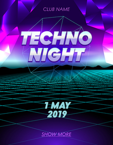 Techno Night Banner with Typography, Club Party Poster on Synthwave Neon Grid Futuristic Background with Low Poly Triangulars. Flyer Design. Social Media Content Decoration Promo. Vector Illustration