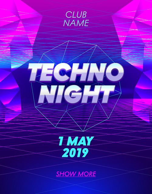 Techno Night Banner with Typography on Synthwave Neon Grid Futuristic Background with Low Poly Triangulars. Club Party Poster, Flyer Design. Social Media Content Decoration Promo. Vector Illustration