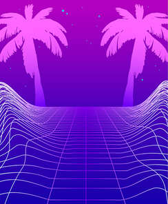 Synthwave Banner with Neon Glowing Grid, Futuristic Background with Palm Trees. Club Party Poster Template Cyberpunk Flyer Design. Retro Futurism Funky Decoration, Game Environment Vector Illustration