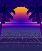 Abstract Synthwave Background with Neon Glowing Grid, Futuristic Backdrop in Retro Style with Palm Trees and Full Moon. Club Party Poster Template, Cyberpunk Flyer, Funky Design. Vector Illustration