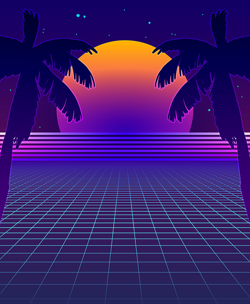 Abstract Synthwave Background with Neon Glowing Grid, Futuristic Backdrop in Retro Style with Palm Trees and Full Moon. Club Party Poster Template, Cyberpunk Flyer, Funky Design. Vector Illustration