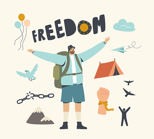 Man Traveler with Backpack Rejoice for Freedom. New Opportunity, Escape, Challenge, Male Character Leaving Home after Covid 19 Lockdown. Broken Chains, Balloons, Birds. Linear Vector Illustration