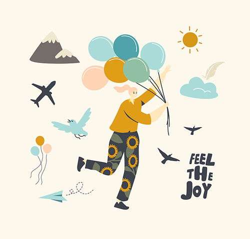 Happy Female Character Run with Bunch of Air Balloons Escape Quarantine Isolation. Woman Escaping Crisis, Inspiration, Progress, Creative Solution, Girl Feel the Joy. Linear Vector Illustration