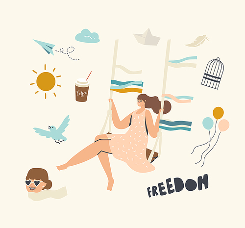 Happy Woman Swinging on Seesaw Feeling Joy and Happiness for Freedom. Female Character Leaving Home after Covid 19 Lockdown, Enjoying Life. Cage, Balloons and Sun with Dove. Linear Vector Illustration