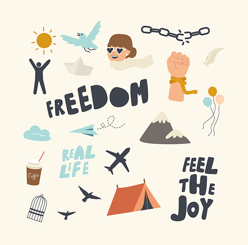 Set of Icons Freedom Theme. Feel the Joy Typography, Broken Chains and Ropes, Flying Airplane, Camping Tent and Mountains. Takeaway Coffee, Air Balloons and Sun Shine. Linear Vector Illustration