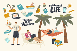 Freelancers Male Characters Wear Summer Clothes Sitting on Deck Chair and Hammock under Palm Tree on Tropical Island Working on Laptop and Drink Cocktail on Vacation. Linear People Vector Illustration