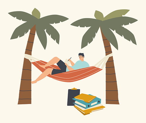Handsome Businessman in Summer Wear Lying on Hammock under Palm Trees on Exotic Tropical Beach Working with Documents. Freelancer or Distant Employee Character on Vacation. Linear Vector Illustration