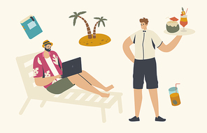 Young Businessman Character Sitting on Lounge Daybed Outdoors Reading Information on Laptop Order Cocktail and Enjoying on Tropical Beach Resort Vacation with Palms. Linear People Vector Illustration