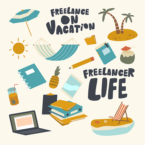 set of icons freelancer on vacation theme. hammock, laptop, documents folders and pineapple with umbrella. sun, palm trees and daybed with tablet pc. linear vector illustration, creative